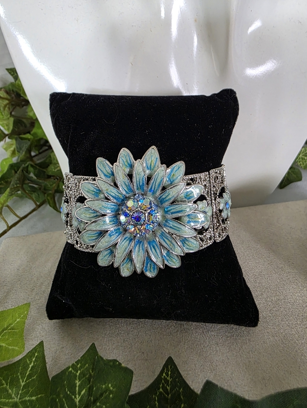 Blue Enamel Floral Stretch Bracelet Silver Filigree Crystal Statement Boho